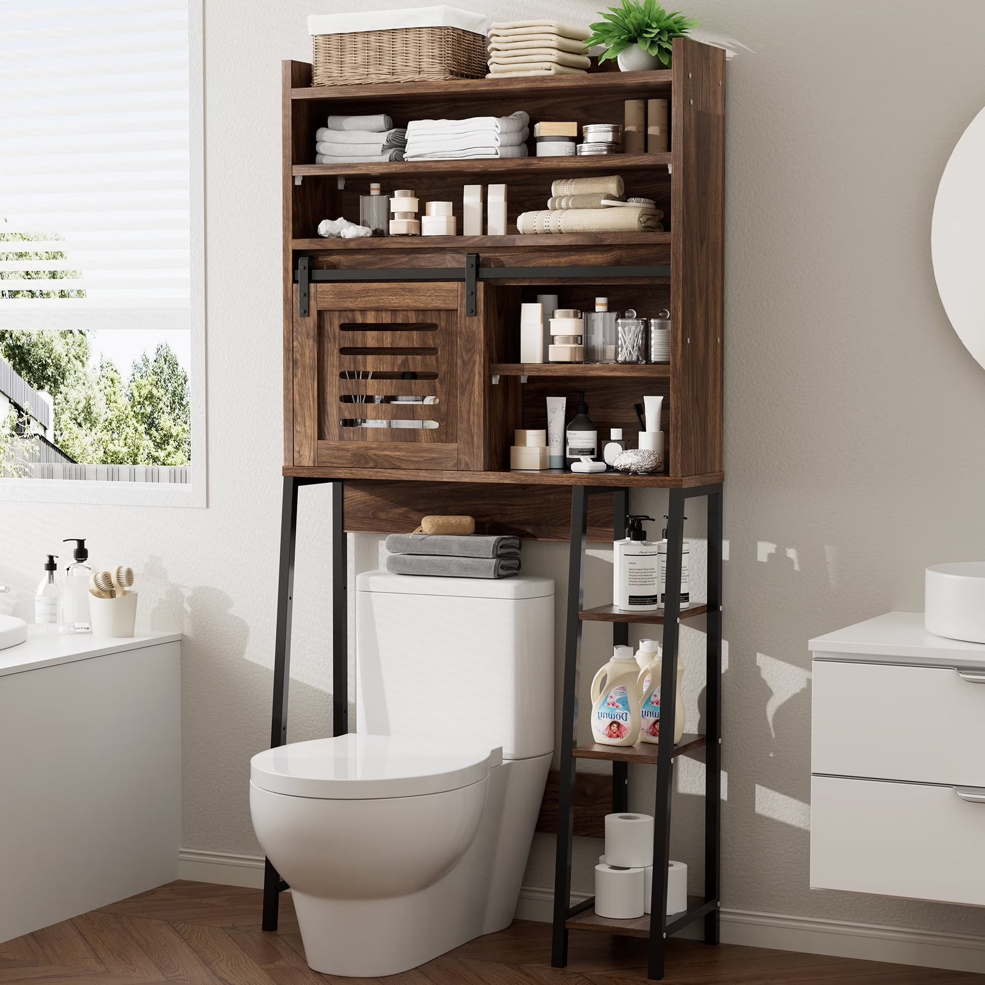 Walsunny Over the Toilet Storage Cabinet with Sliding Barn Door Side Shelves Bathroom Restroom Toilet Shelf Organizer Rack Space Saver Freestanding White