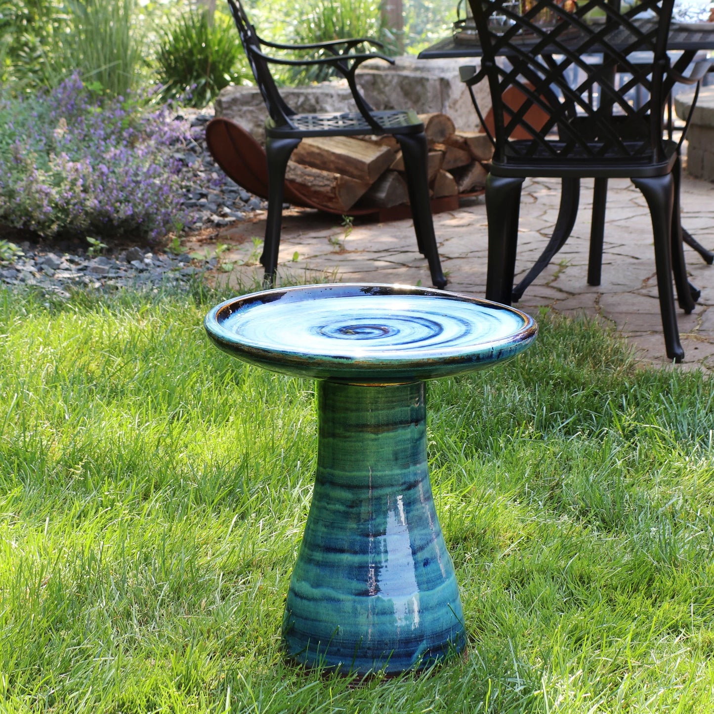 Sunnydaze Freestanding Ceramic Outdoor Bird Bath, Glazed, UV-Resistant Galaxy Blue Finish