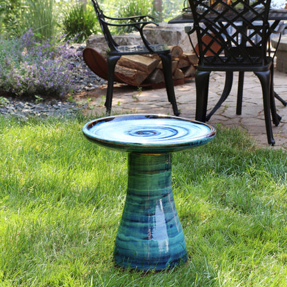 Sunnydaze Freestanding Ceramic Outdoor Bird Bath, Glazed, UV-Resistant Galaxy Blue Finish