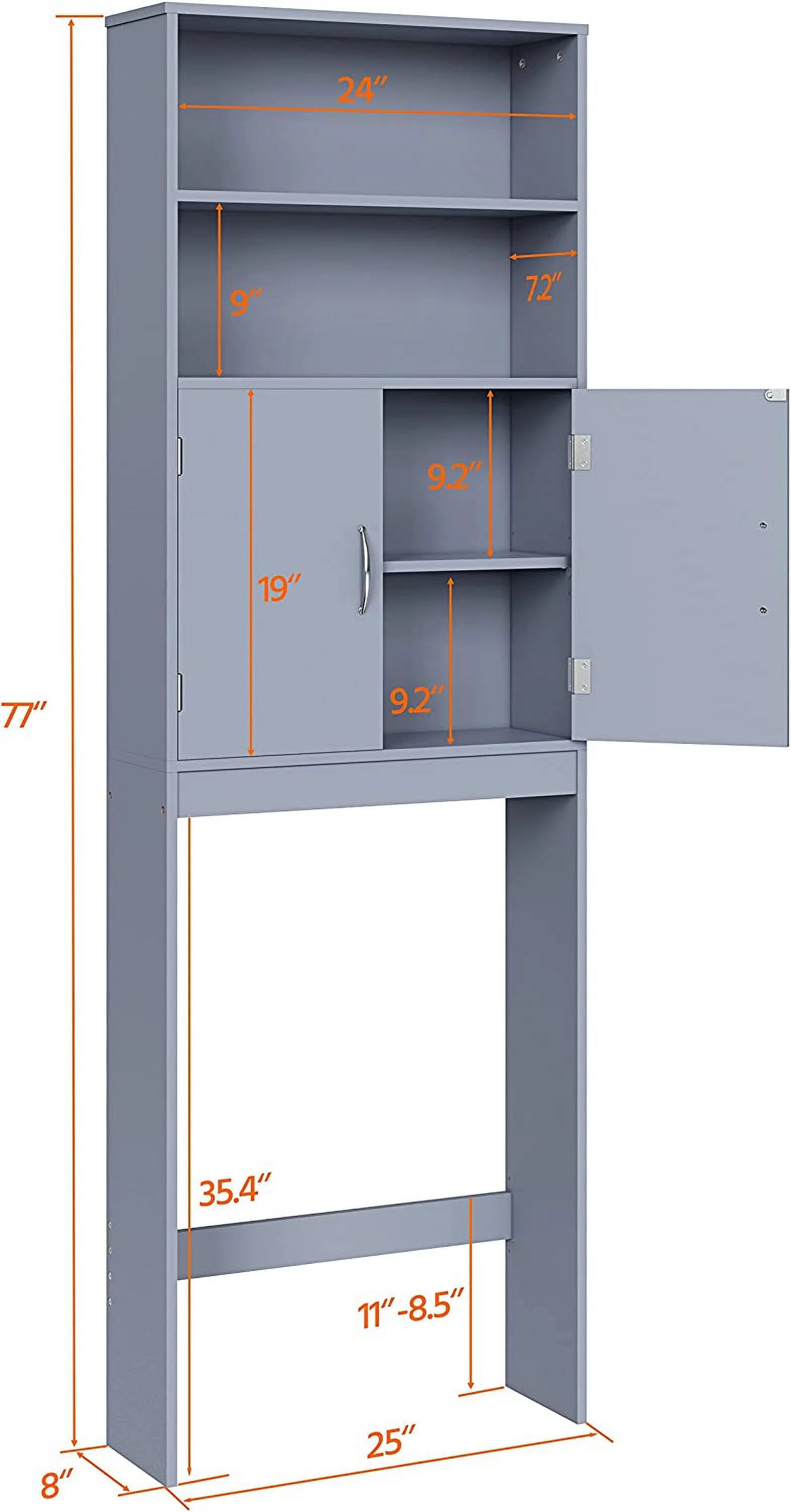 Tumis Over The Toilet Storage, Taller Bathroom Organizer Space-Saving Storage Cabinet with Adjustable Shelves and Double Doors, 77 in H, Grey