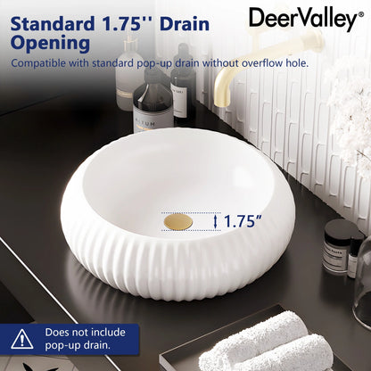 DV-1V0223 DeerValley 16" x 5'' Bathroom Sink,White Ceramic Circular Vessel Sink,Vitreous China Vessel Bathroom Sink with Fluted Sides and Overflow