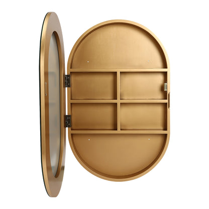 Gold Mirror Cabinet Oval Bathroom Wall-Mounted Mirror Cabinet Wood Storage Cabinet Mirror Surface W/Hide Shelves for Bathroom Toilet Balconies (19.76 * 30.82 * 4.05in)