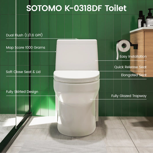 SOTOMO Elongated One Piece Toilet, Compact Design for Bathrooms, 1.1/1.6 GPF Dual Flush toilet, MAP 1000g, 12" Rough-In, Soft-Close & Quick Release Seat, 27.75"D x 15.4"W x 27.13"H