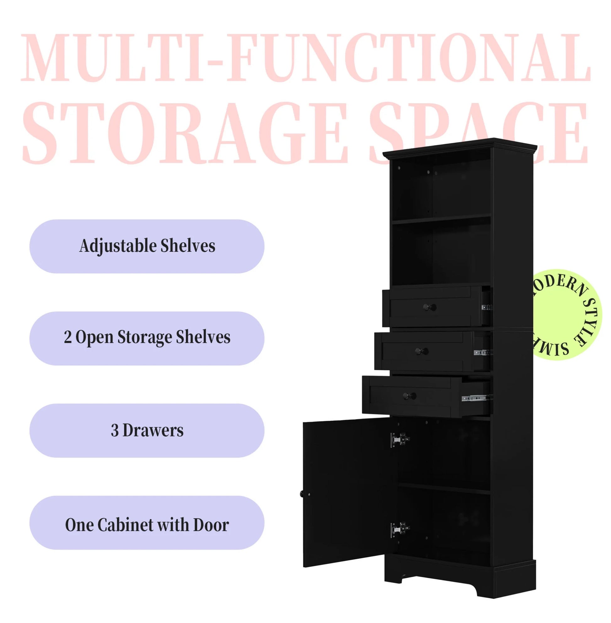 Black Tall Storage Cabinet with 3 Drawers and Adjustable Shelves for Bathroom, Study, Office and Interior, MDF Board with Painted Finish Black + MDF