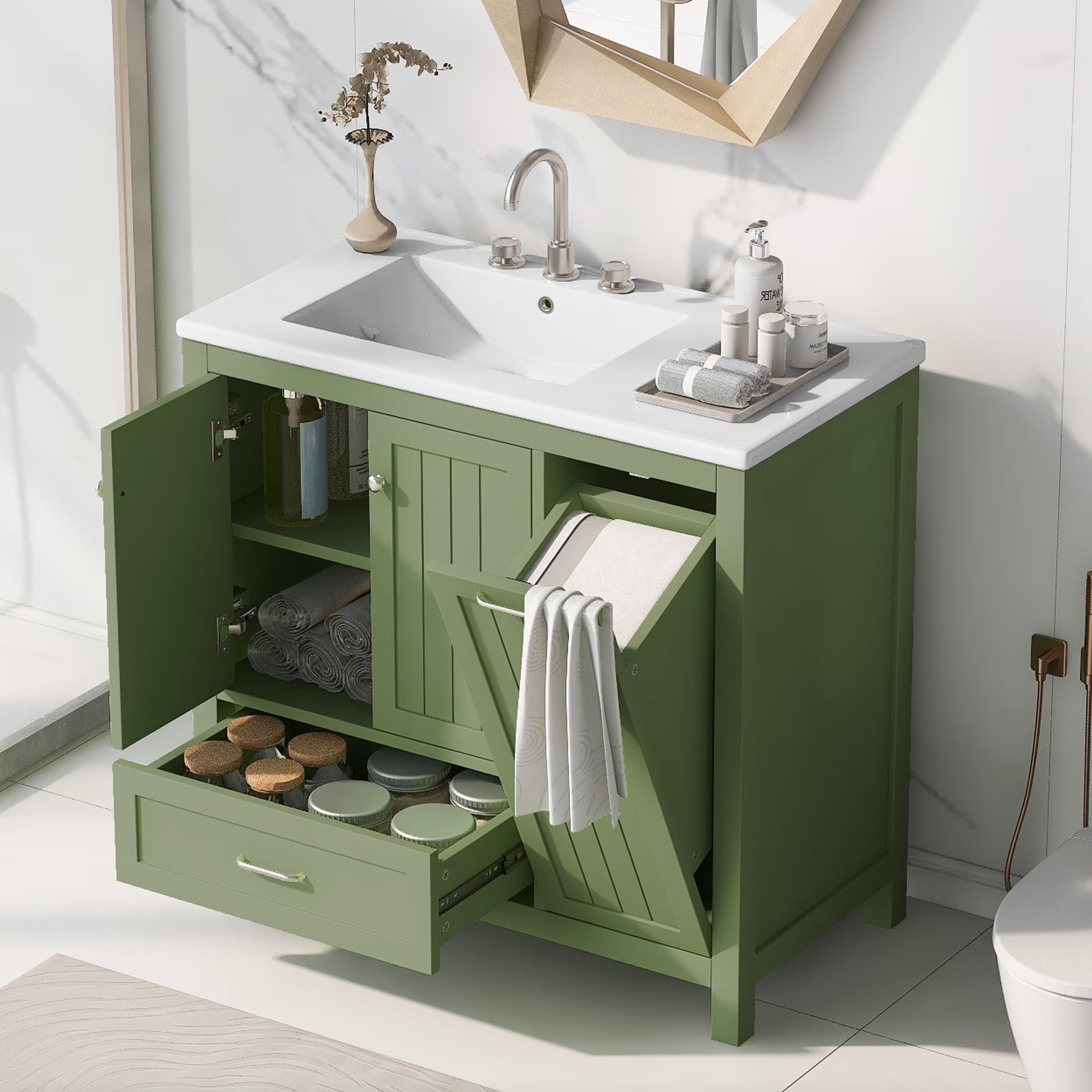 Harper & Bright Designs 30" Bathroom Vanity with Sink Combo, Bathroom Cabinet with Ceramic Top, Multifunctional Storage Doors and Drawer, Green