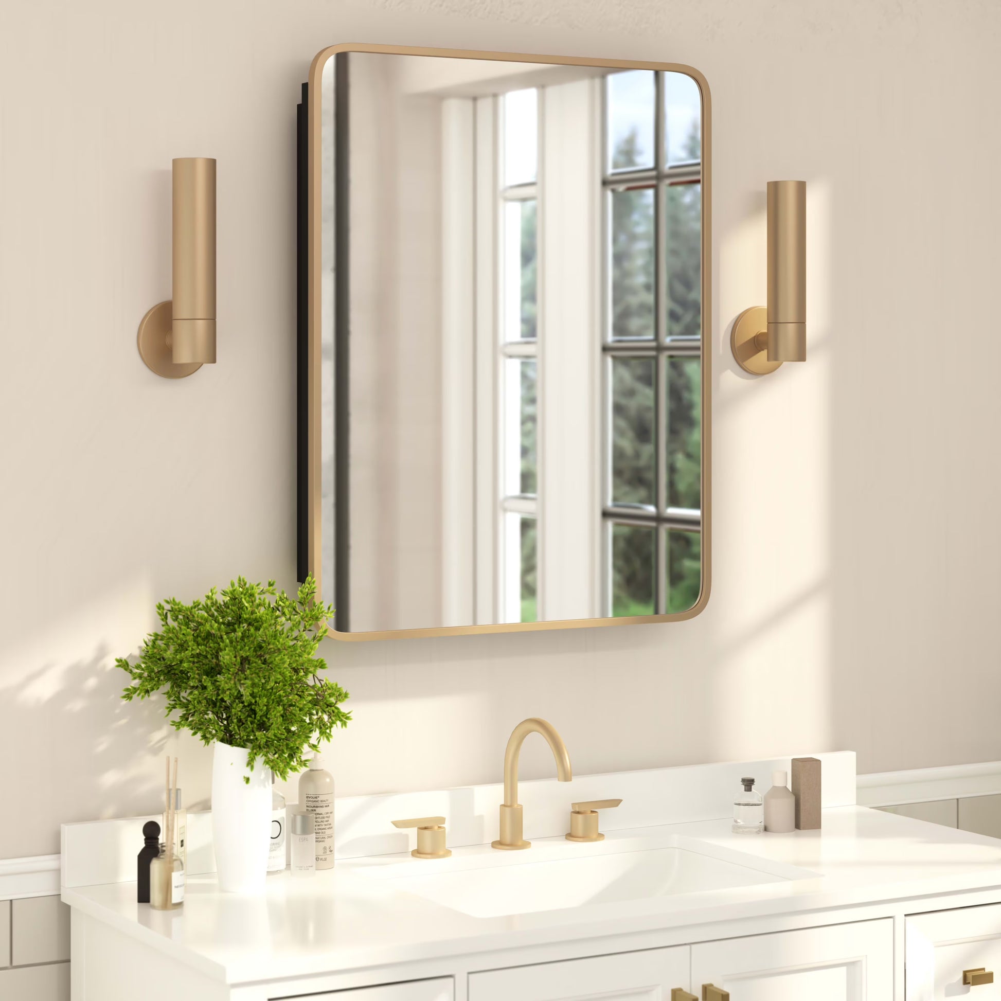 BizChair 24" x 30" Recessed Bathroom Medicine Cabinet with Rounded Beveled Mirror and Reversible Metal Frame in Black