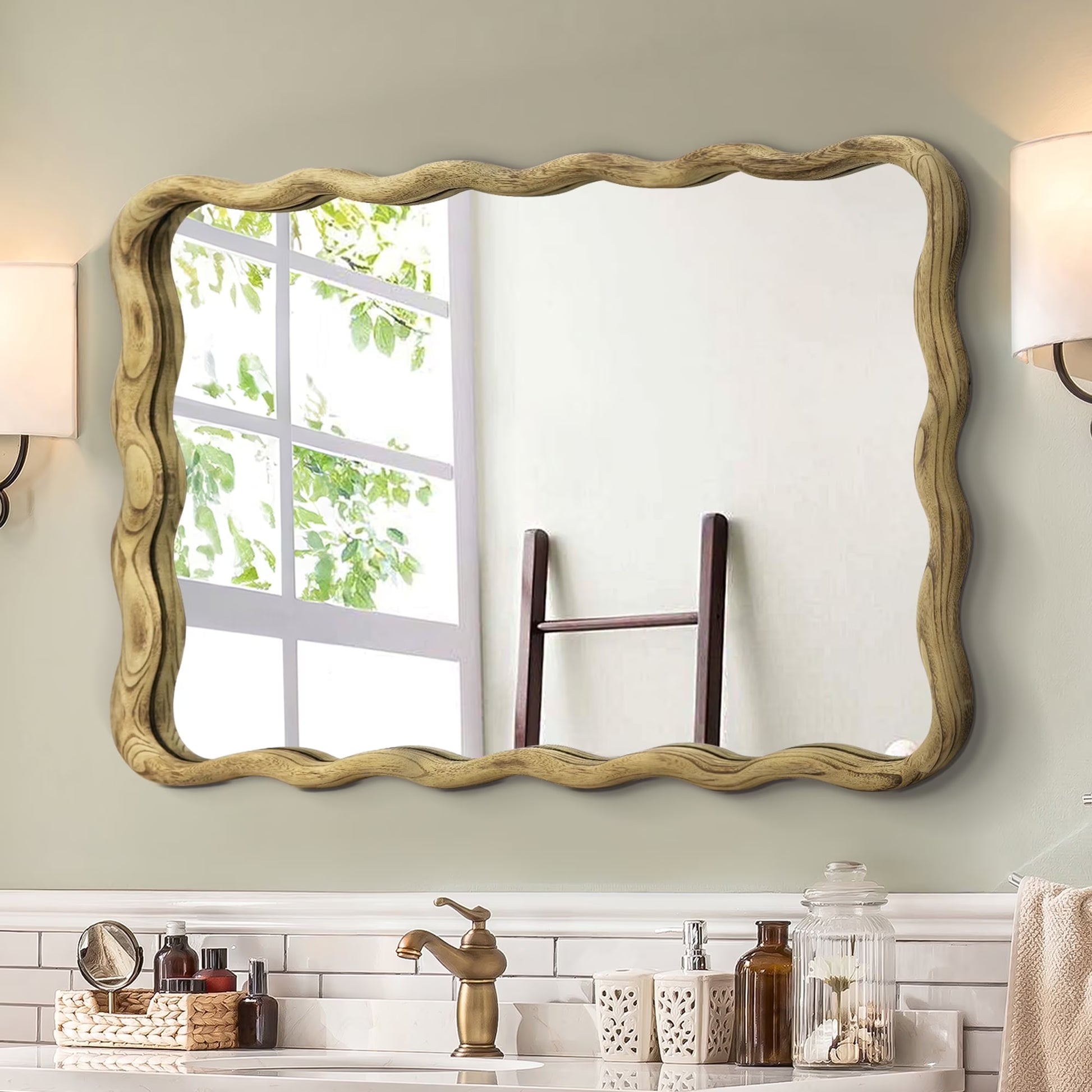 TEWLOSS Wavy Mirrors Wall Mirror, 30"x20" Bathroom Mirror Wood Framed, White