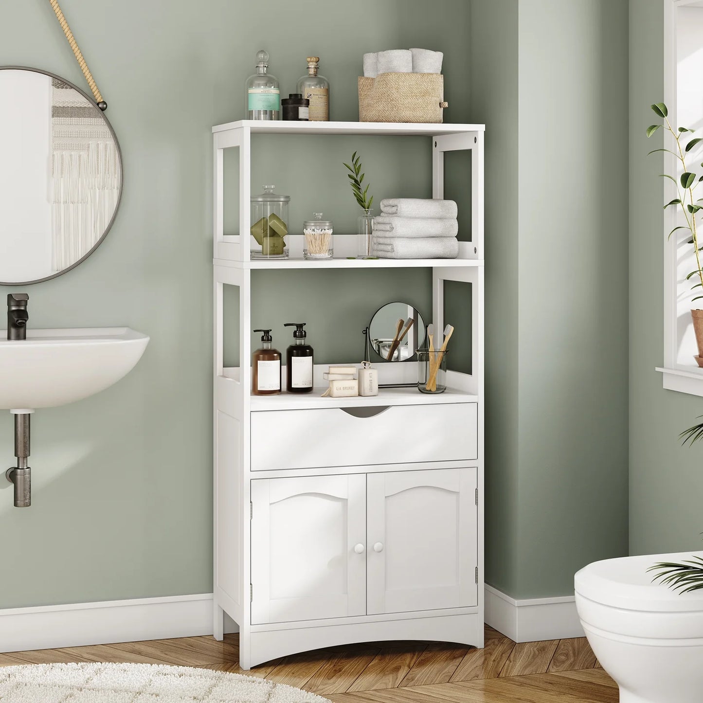 Sideboard Storage Cabinet with Drawer&Shelves, Kitchen Pantry Storage Cabinet with Microwave Space&Cupboard, Modern Freestanding Floor Bathroom Cabinet/Bookshelf for Home Office, White