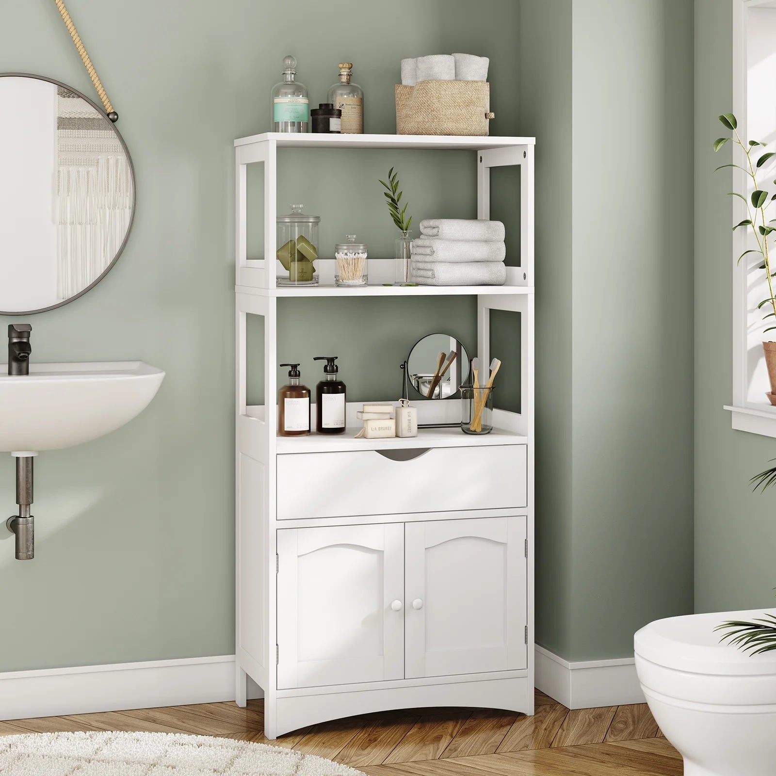 Sideboard Storage Cabinet with Drawer&Shelves, Kitchen Pantry Storage Cabinet with Microwave Space&Cupboard, Modern Freestanding Floor Bathroom Cabinet/Bookshelf for Home Office, White
