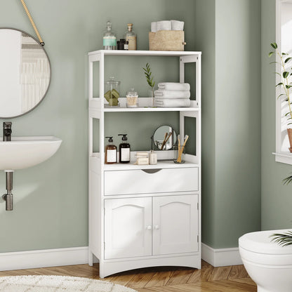 Sideboard Storage Cabinet with Drawer&Shelves, Kitchen Pantry Storage Cabinet with Microwave Space&Cupboard, Modern Freestanding Floor Bathroom Cabinet/Bookshelf for Home Office, White