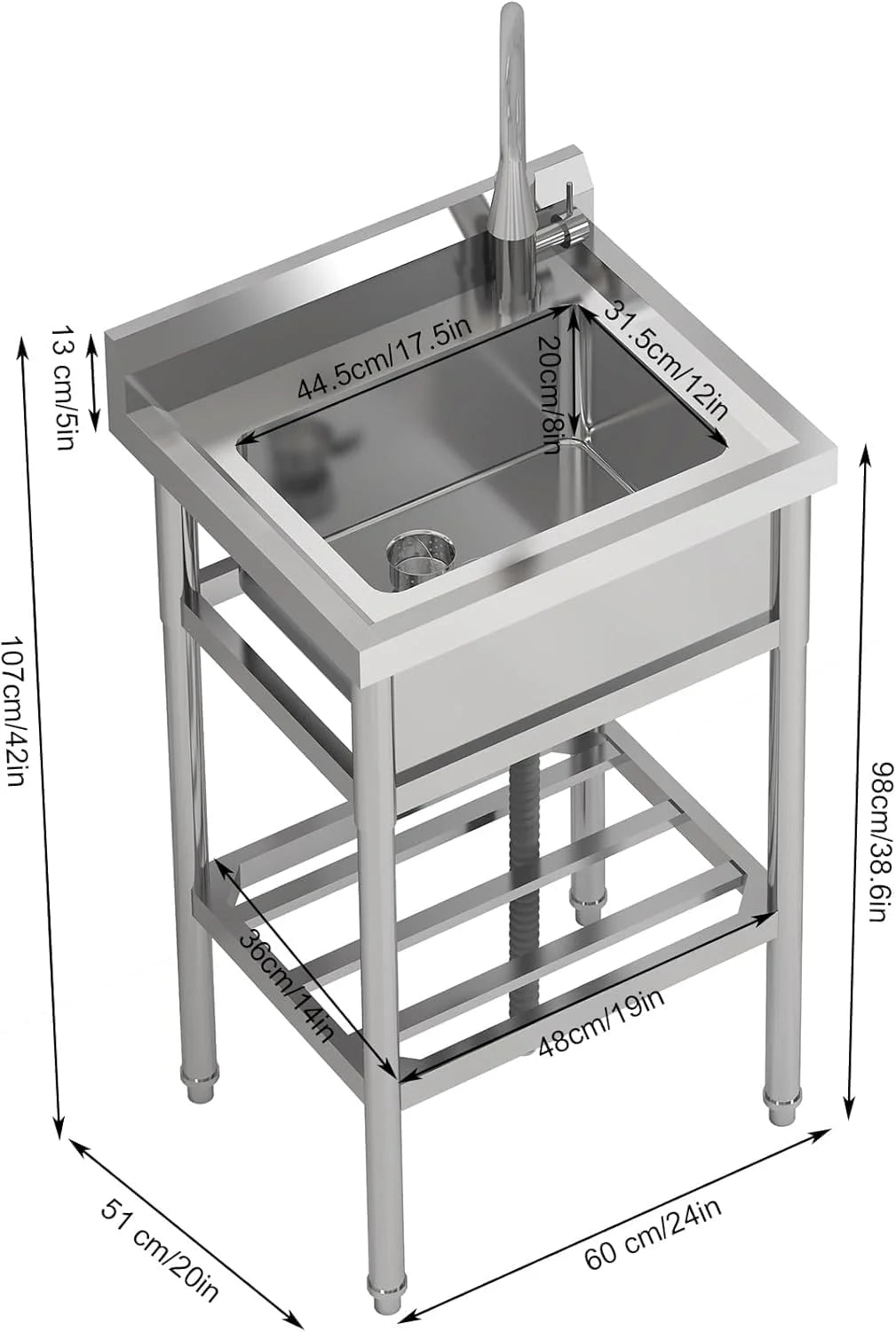 TROPOW 24x20x42 Inch Stainless Steel Utility Sink, Freestanding Single Bowl with Cold and Hot Water Pipe and Faucet, Commercial Sink Kitchen Sink for Restaurant Laundry Room Bathroom Garage Garden