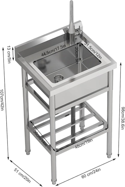 TROPOW 24x20x42 Inch Stainless Steel Utility Sink, Freestanding Single Bowl with Cold and Hot Water Pipe and Faucet, Commercial Sink Kitchen Sink for Restaurant Laundry Room Bathroom Garage Garden