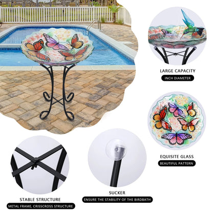 Glass Birdbath with Metal Stand Outdoor for Lawn Yard Garden Butterfly Decor, 18�?Dia 21.65�?Height