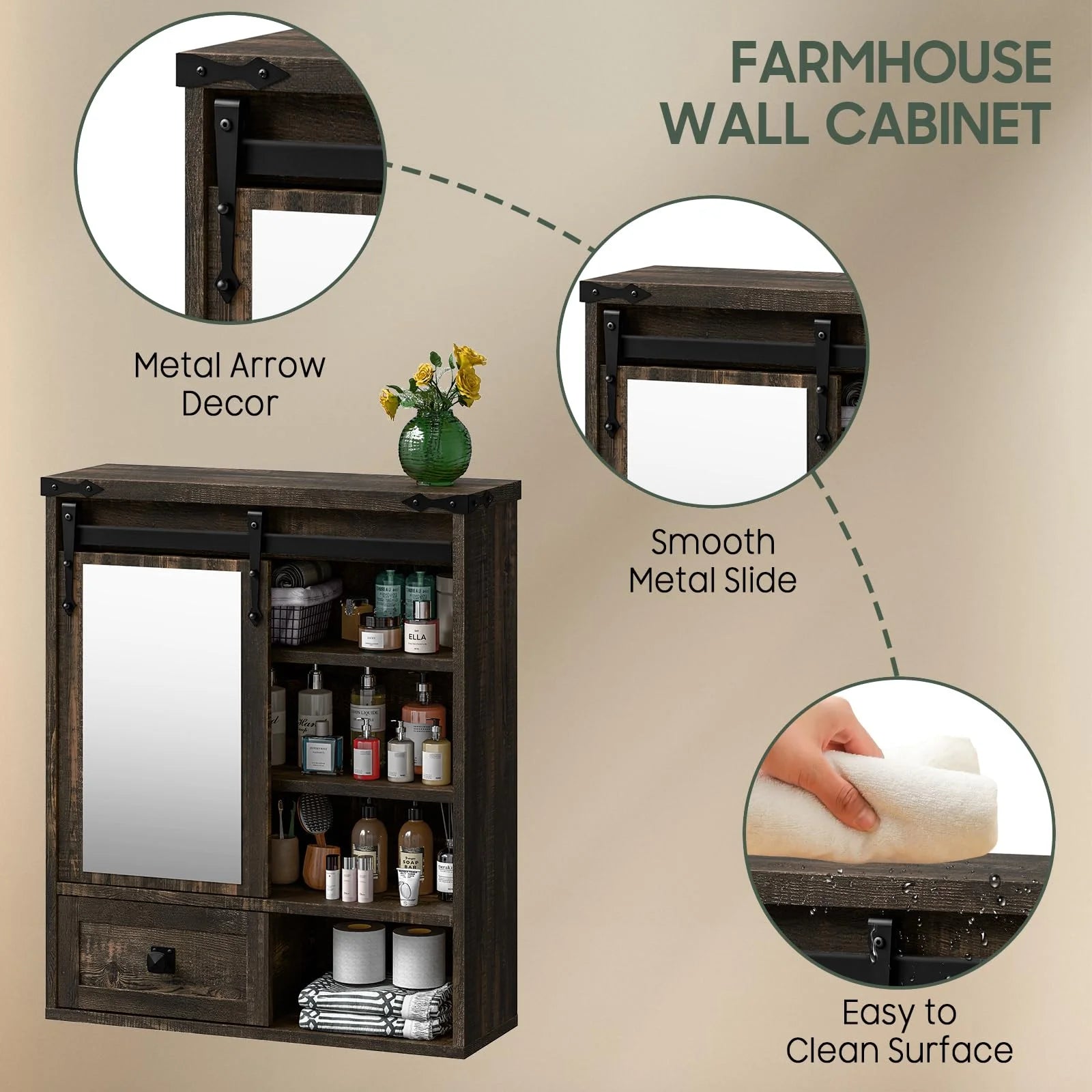 Vabches Farmhouse Bathroom Wall Storage Cabinet with Sliding Mirror Door, Adjustable Shelves, Over The Toilet Storage, Dark Rustic Oak