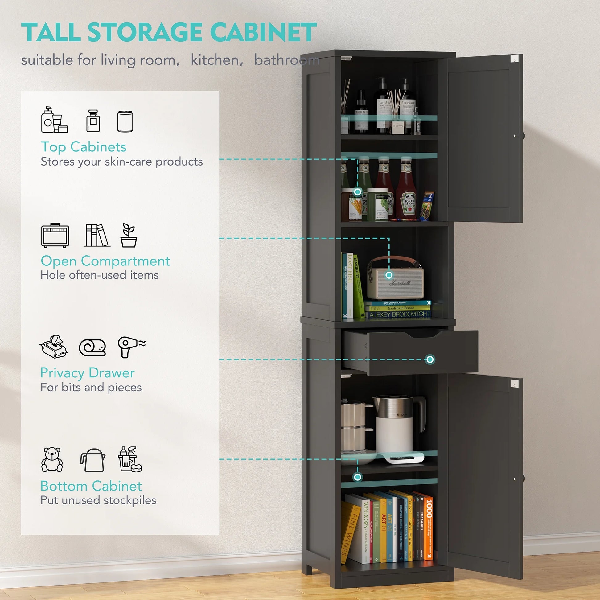 Walsunny Bathroom Storage Cabinet 64" Tall Wooden Kitchen Cupboard Pantry Cabinet with Doors Shelves Drawer Black