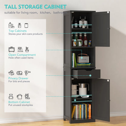 Walsunny Bathroom Storage Cabinet 64" Tall Wooden Kitchen Cupboard Pantry Cabinet with Doors Shelves Drawer Black
