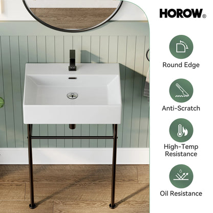 HOROW 24" Console Bathroom Sink,Free Standing 30 Inch Stainless Steel Support Pedestal Legs, Matte Black