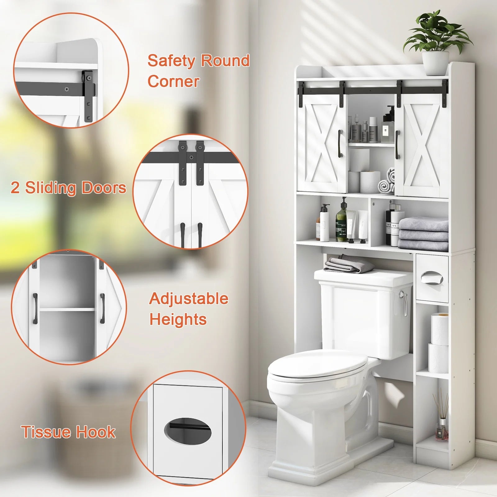 Over The Toilet Storage Cabinet, Farmhouse Storage Cabinet Over Toilet with Sliding Doors��Home Space-Saving Toilet Rack, for Bathroom, Restroom, Laundry