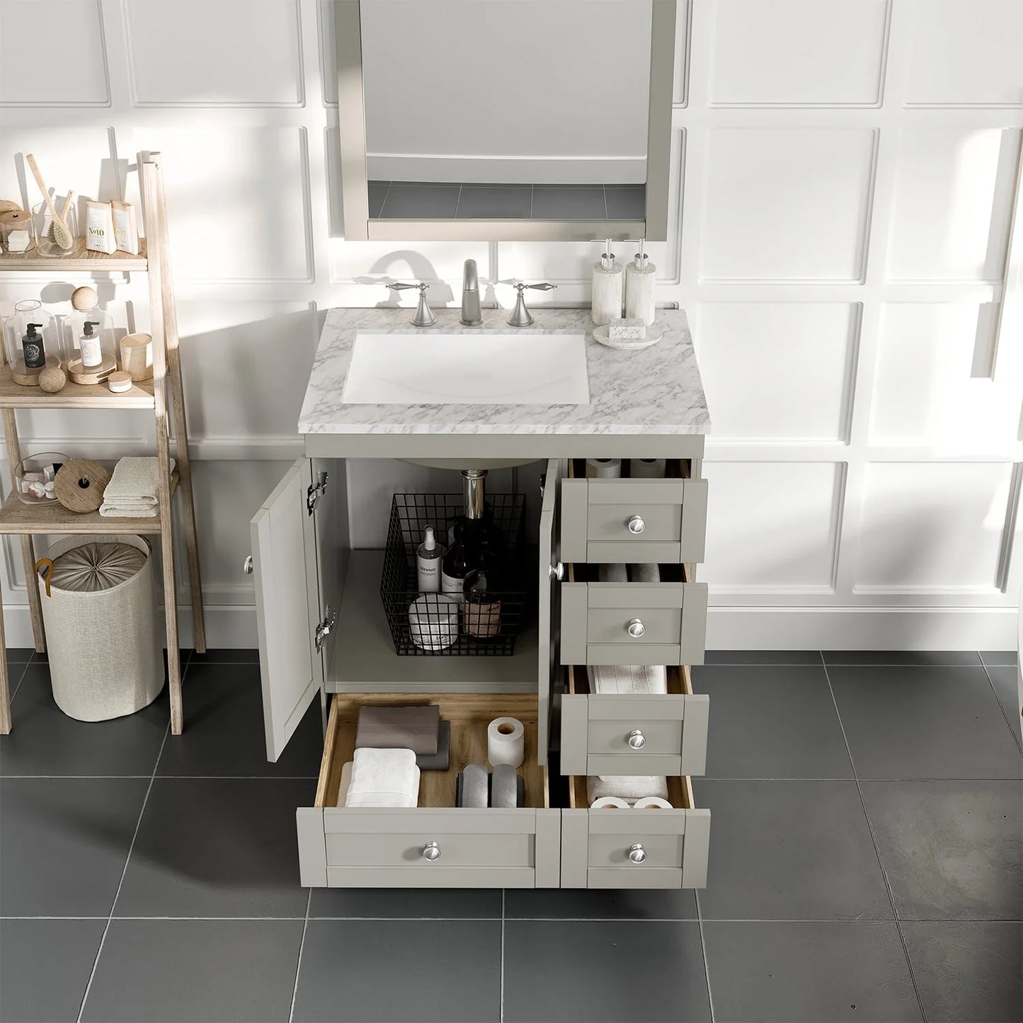 Eviva Bathroom Vanity Acclaim C. 30" Transitional Gray with White Carrara Marble Counter-Top