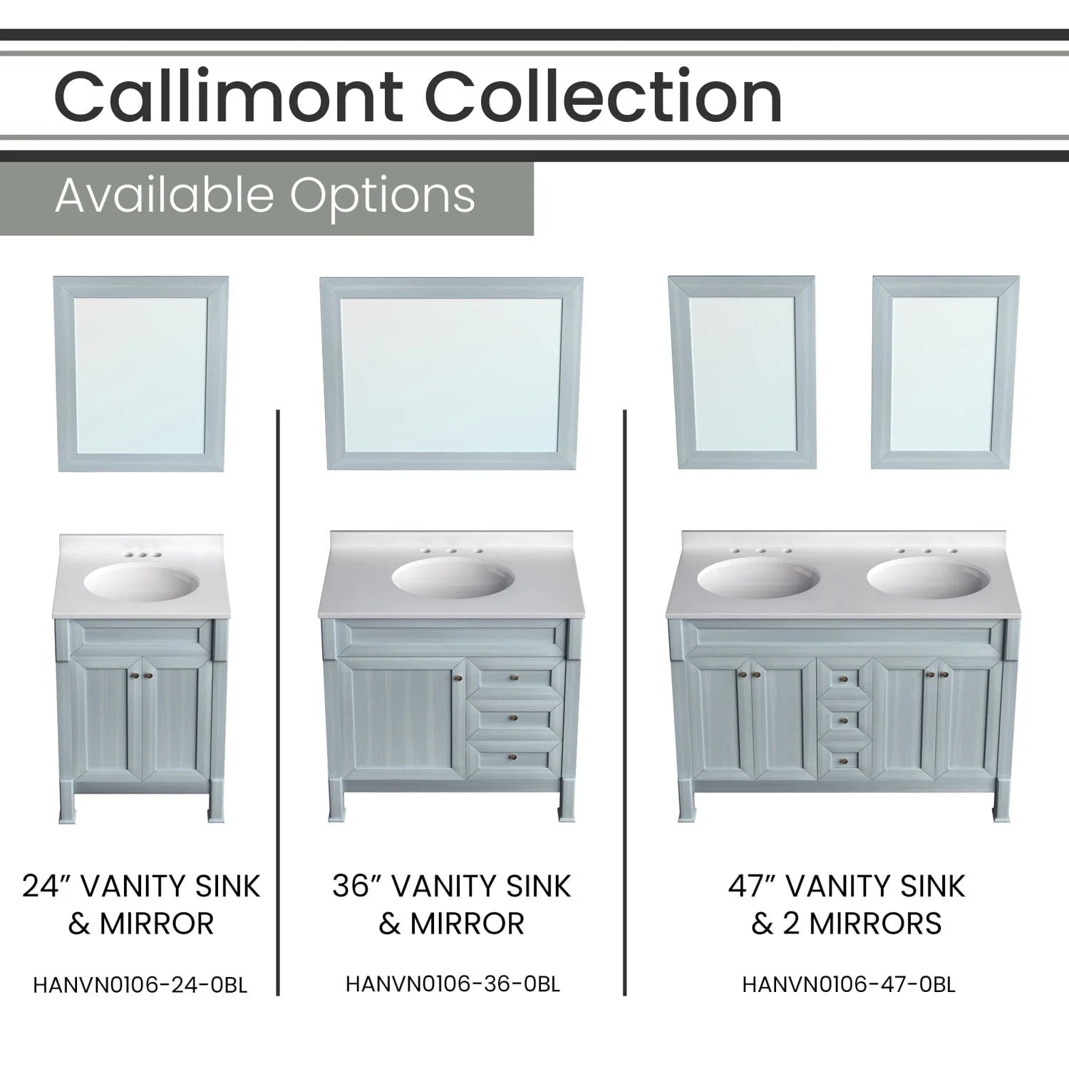 Hanover Callimont 24'' Vanity Cabinet with Sink Combo for Bathroom, Powder Room | Pre-Assembled Cabinet | Accent Mirror | Artificial Stone Countertop | Blue Cabinet | HANVN0106-24-0BL