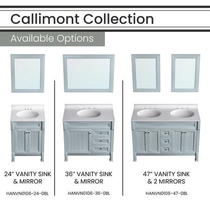 Hanover Callimont 24'' Vanity Cabinet with Sink Combo for Bathroom, Powder Room | Pre-Assembled Cabinet | Accent Mirror | Artificial Stone Countertop | Blue Cabinet | HANVN0106-24-0BL