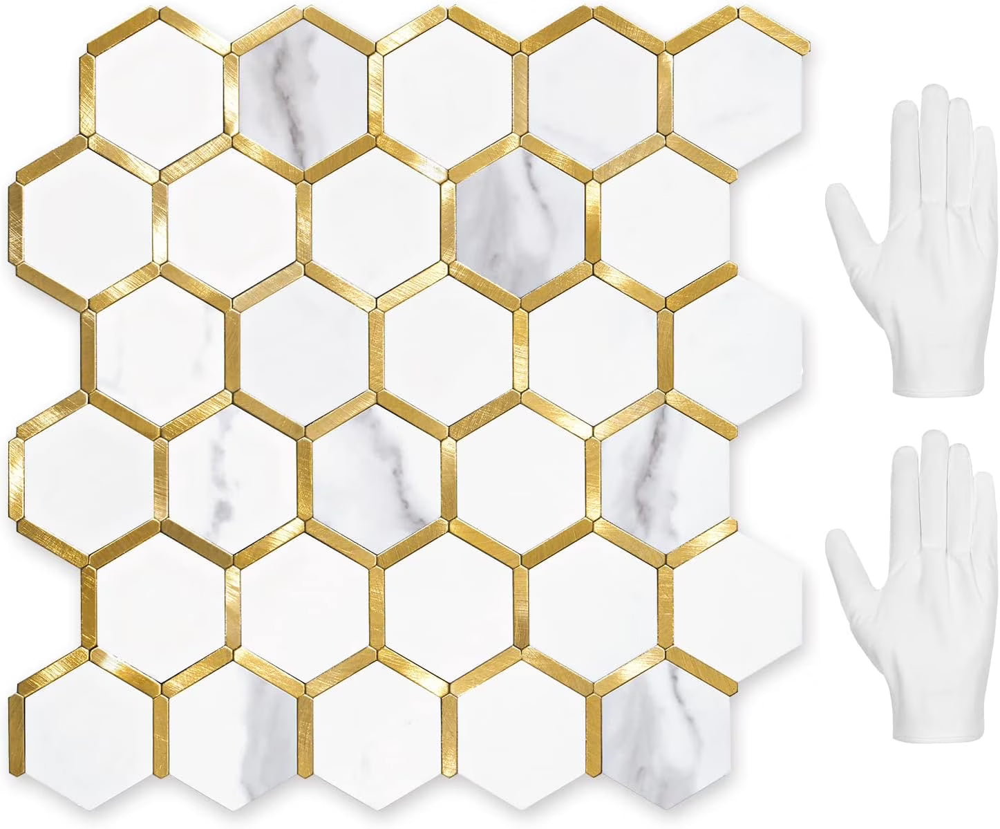 Hexagon Peel and Stick on Backsplash for Kitchen and Bathroom, White Marble Look PVC Mixed Metal Gold Self Adhesive Metal Mosaic Tiles(10 Sheets, Seamless)