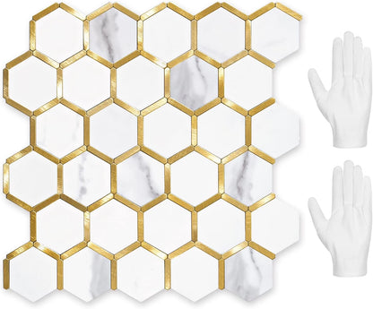 Hexagon Peel and Stick on Backsplash for Kitchen and Bathroom, White Marble Look PVC Mixed Metal Gold Self Adhesive Metal Mosaic Tiles(10 Sheets, Seamless)