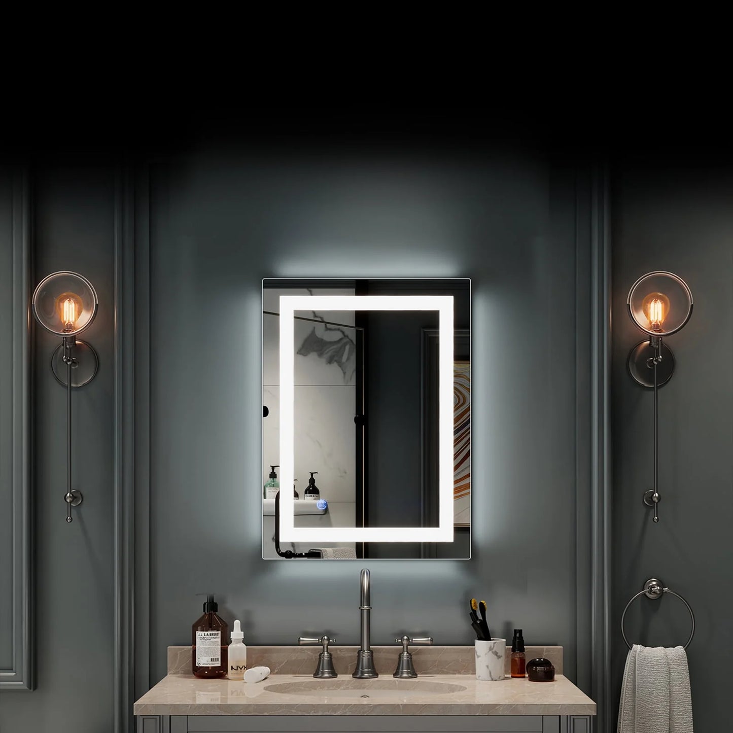 Ktaxon 28x20 inch LED Lighted Bathroom Mirror Silvered Wall Mounted Mirror with Touch Button,Anti Fog and IP67 Waterproof Square Mirror