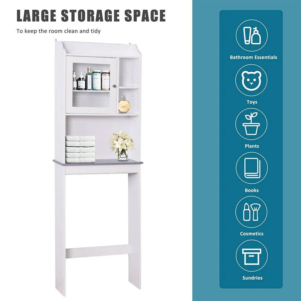 Over-The-Toilet Space Saver, Bathroom Storage Cabinet, Toilet Organizer with Adjustable Shelves and Door Cabinet, Wooden Behind Toilet Storage for Space Saving, Easy Assembly - White, K3822