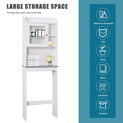 Over-The-Toilet Space Saver, Bathroom Storage Cabinet, Toilet Organizer with Adjustable Shelves and Door Cabinet, Wooden Behind Toilet Storage for Space Saving, Easy Assembly - White, K3822