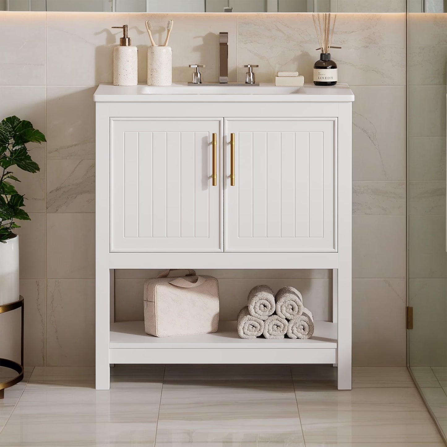 30" Freestanding Single Bathroom Vanity with Ceramic Top and Bottom Open Shelf, White