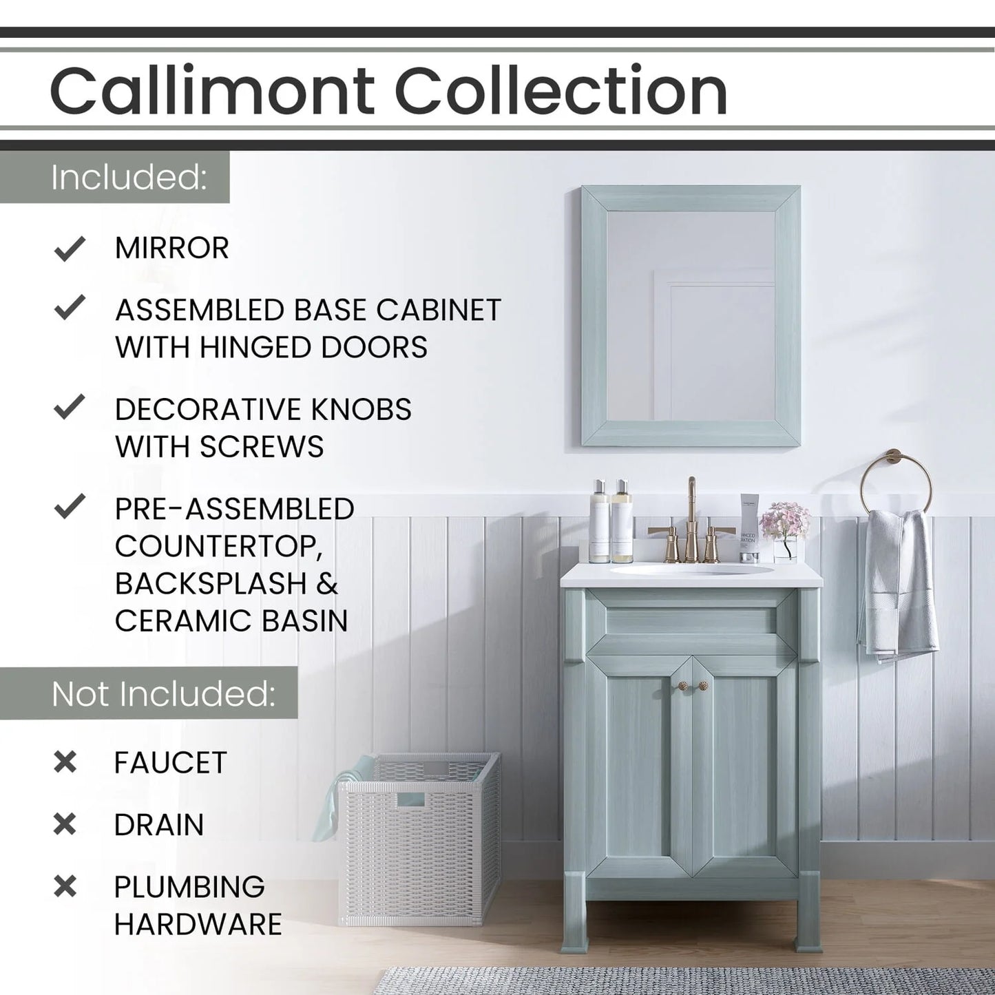 Hanover Callimont 24'' Vanity Cabinet with Sink Combo for Bathroom, Powder Room | Pre-Assembled Cabinet | Accent Mirror | Artificial Stone Countertop | Blue Cabinet | HANVN0106-24-0BL