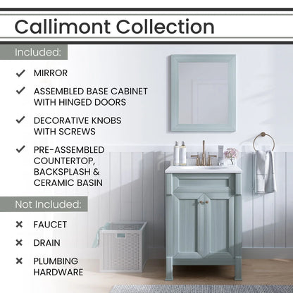 Hanover Callimont 24'' Vanity Cabinet with Sink Combo for Bathroom, Powder Room | Pre-Assembled Cabinet | Accent Mirror | Artificial Stone Countertop | Blue Cabinet | HANVN0106-24-0BL