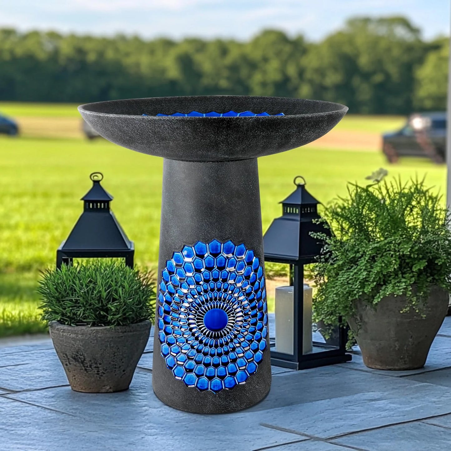 EFISPSS Ceramic Outdoor Bird Bath with Diamond and Blue Decor