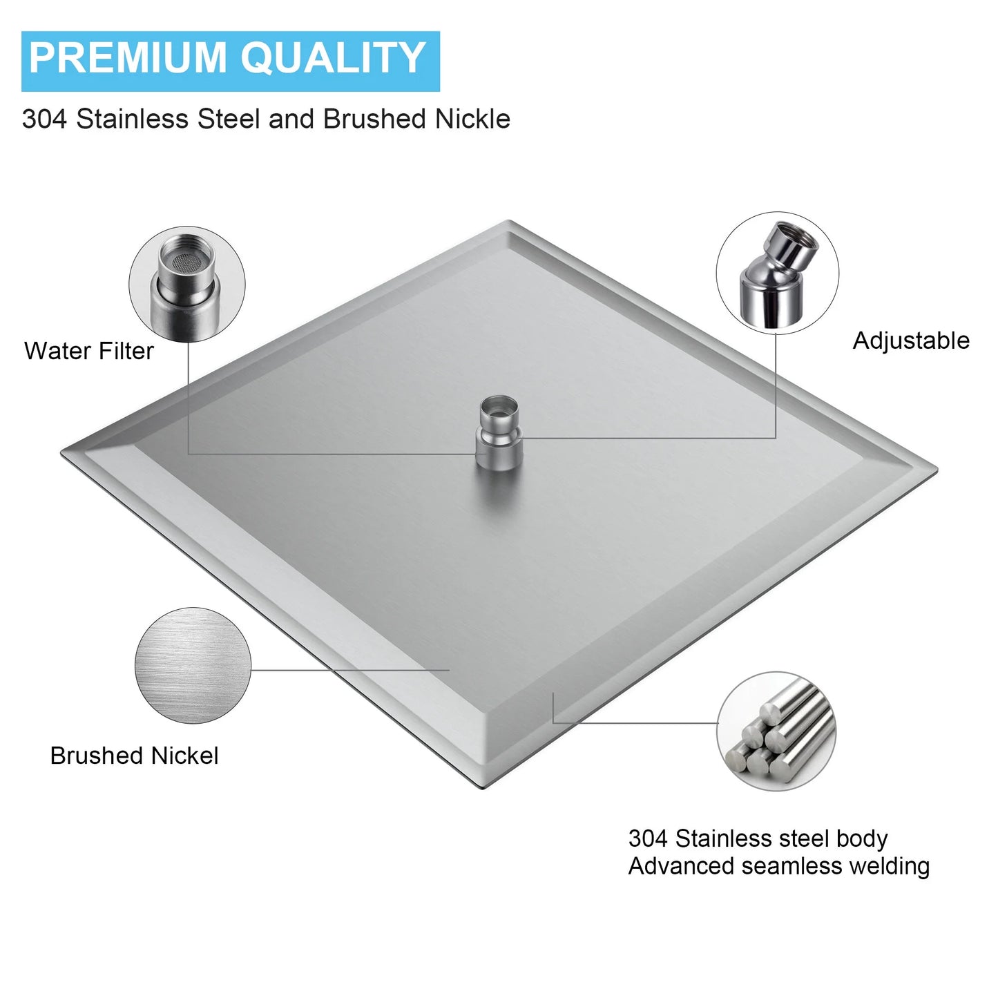 16 Inch Rain Shower Head,Square Ultra Thin 304 Stainless Steel High Pressure Shower Head,,Brushed Nickel Stainless Steel Bath Faucets Showers Shower Doors