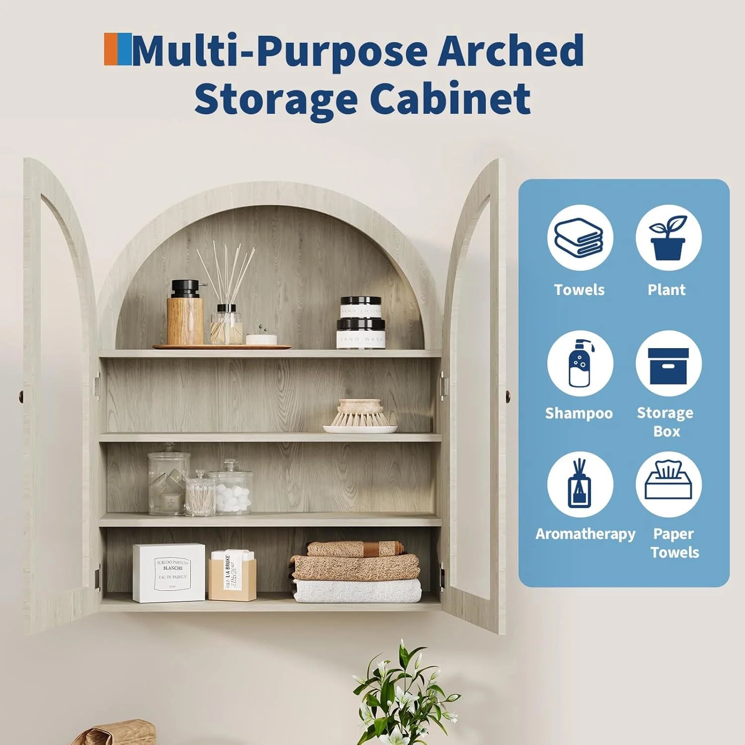 Arched Wall Mounted Bathroom Cabinet, Bathroom Wall Mounted Cabinet Over Toilet Storage Organizer Modern 4-Tier Wall Hanging Storage Organizer Medicine Cabinet Hanging Cabinet 24"w x 28''h x 9''d