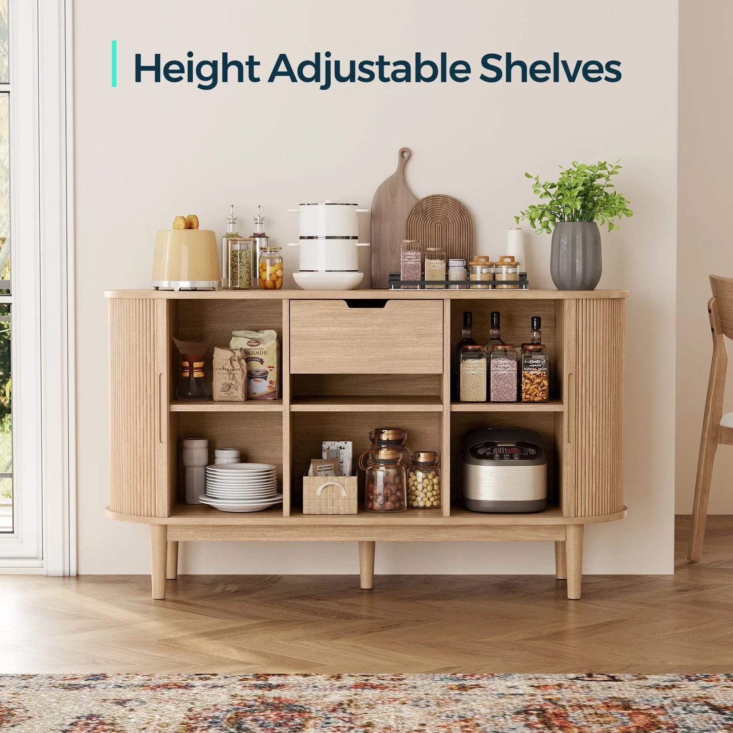 LINSY HOME Fluted Pantry Storage Cabinet, Kitchen Cabinets with Sliding Tambour Door, Wide Storage Cabinet with Removable & Adjustable Shelves for Dining Room, Living Room, Bathroom, Oak