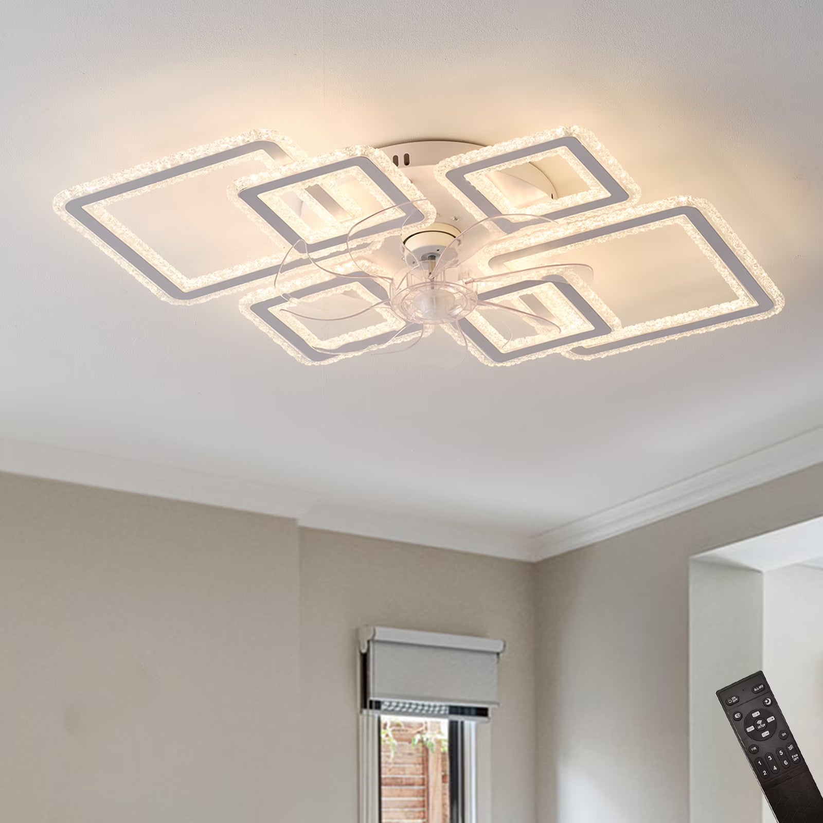 33inch Modern LED Ceiling Fan Light with Remote, Dimmable 6-Ring Square Flush Mount Lighting Fixture for Bedroom, Living Room, Kitchen, Bathroom, Balcony