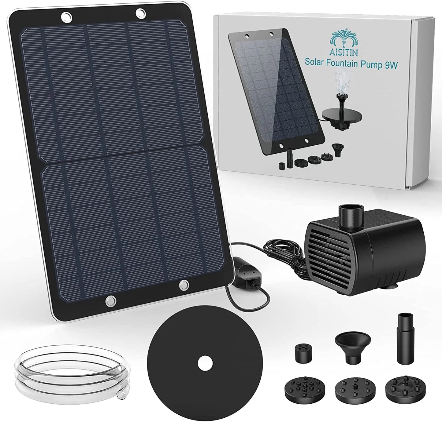AISITIN 9W Solar Water Pump Kit, 10W Solar Powered Water Fountain Pump with 6 Nozzles, DIY Fountain Kit for Bird Bath, Ponds, Garden
