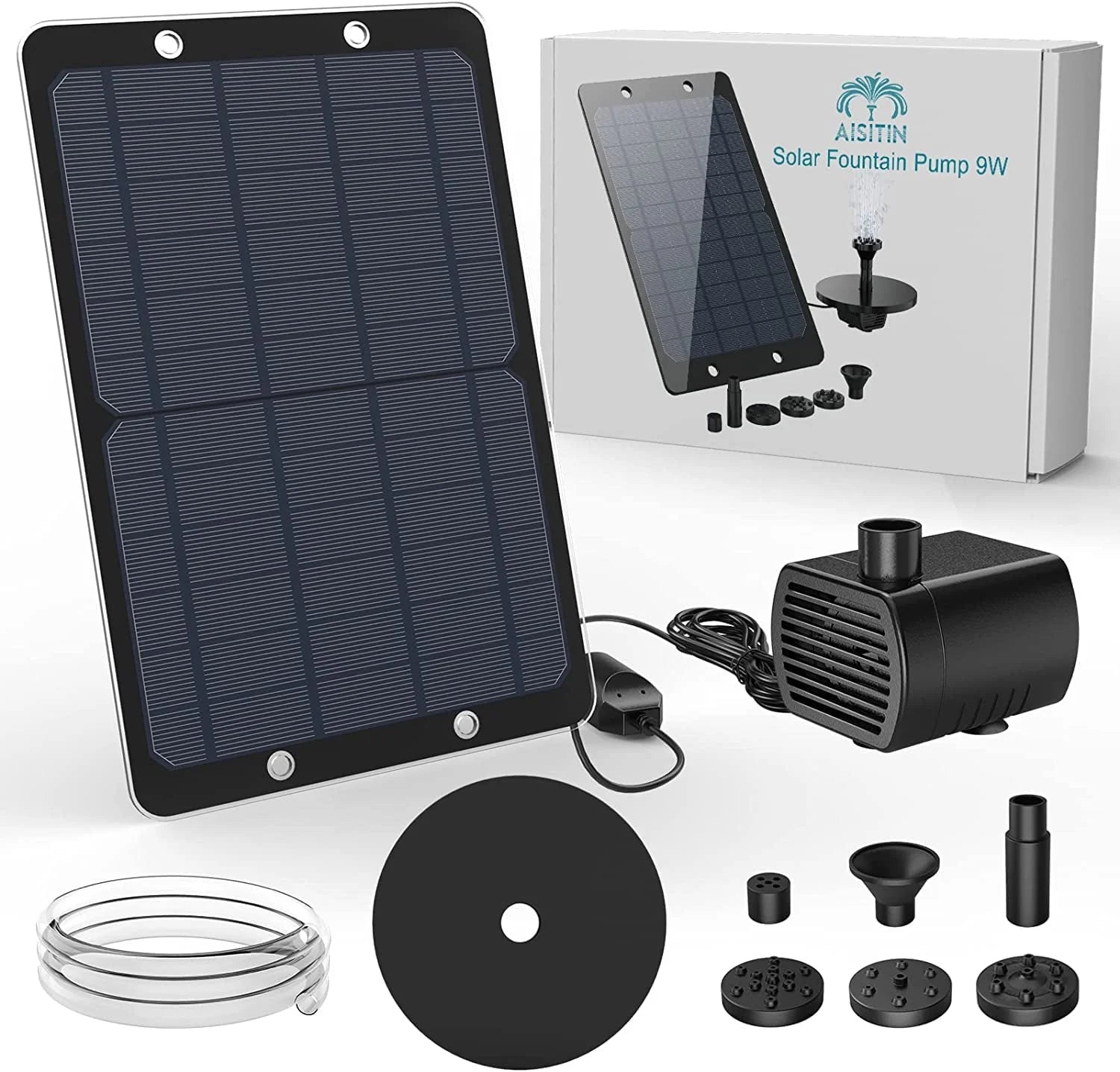 AISITIN 9W Solar Water Pump Kit, 10W Solar Powered Water Fountain Pump with 6 Nozzles, DIY Fountain Kit for Bird Bath, Ponds, Garden