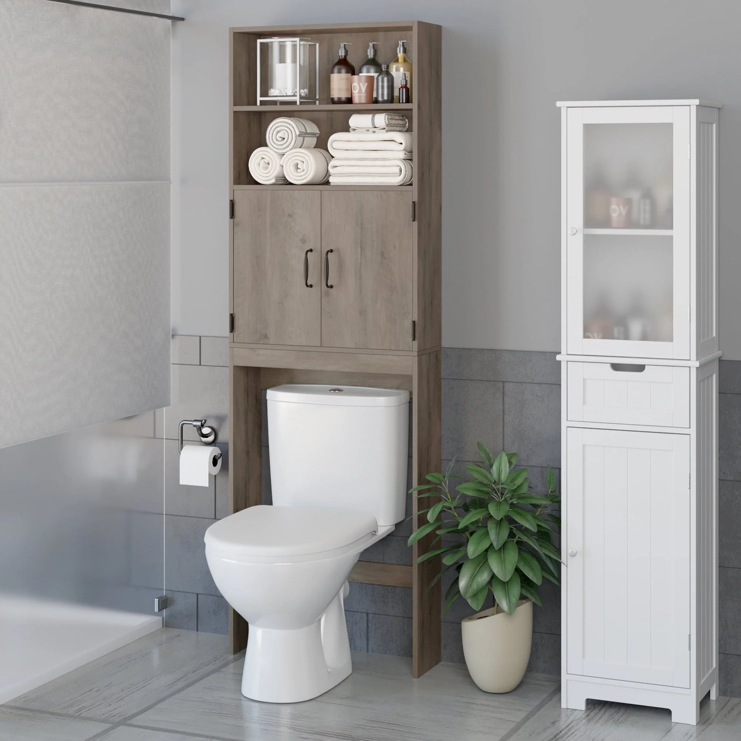 Homfa over Toilet Storage Rack, Bathroom Storage Cabinet over Toilet with 4-tier Shelves and 2 Doors, Gray Finish