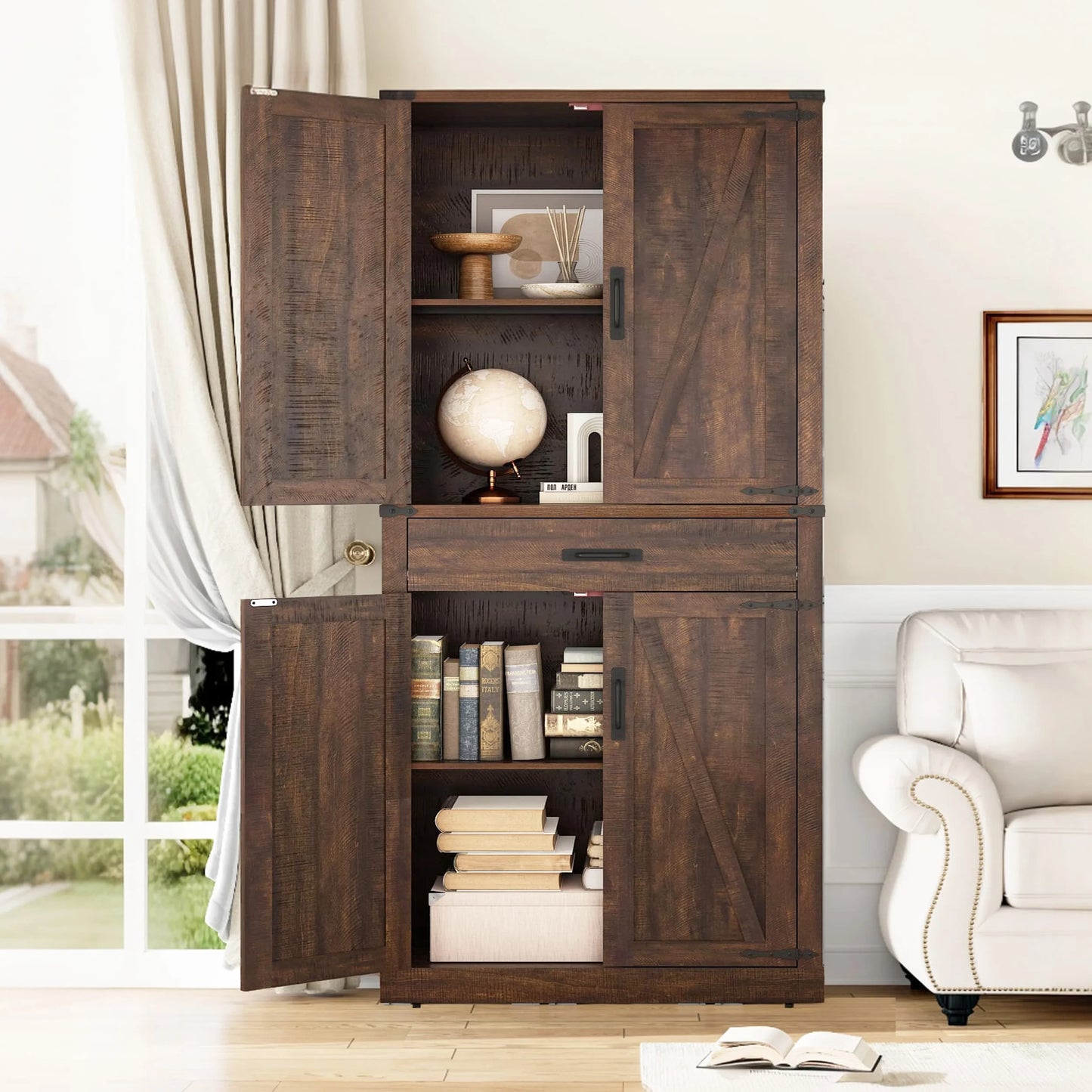 72.4'' Tall Bathroom Storage Cabinet with Drawer & 4 Storage Shelves, Rustic Farmhouse Linen Cabinet with Load-Bearing Steel Pipe & 4 Doors for Bedroom Living Room Kitchen Art/Craft Room