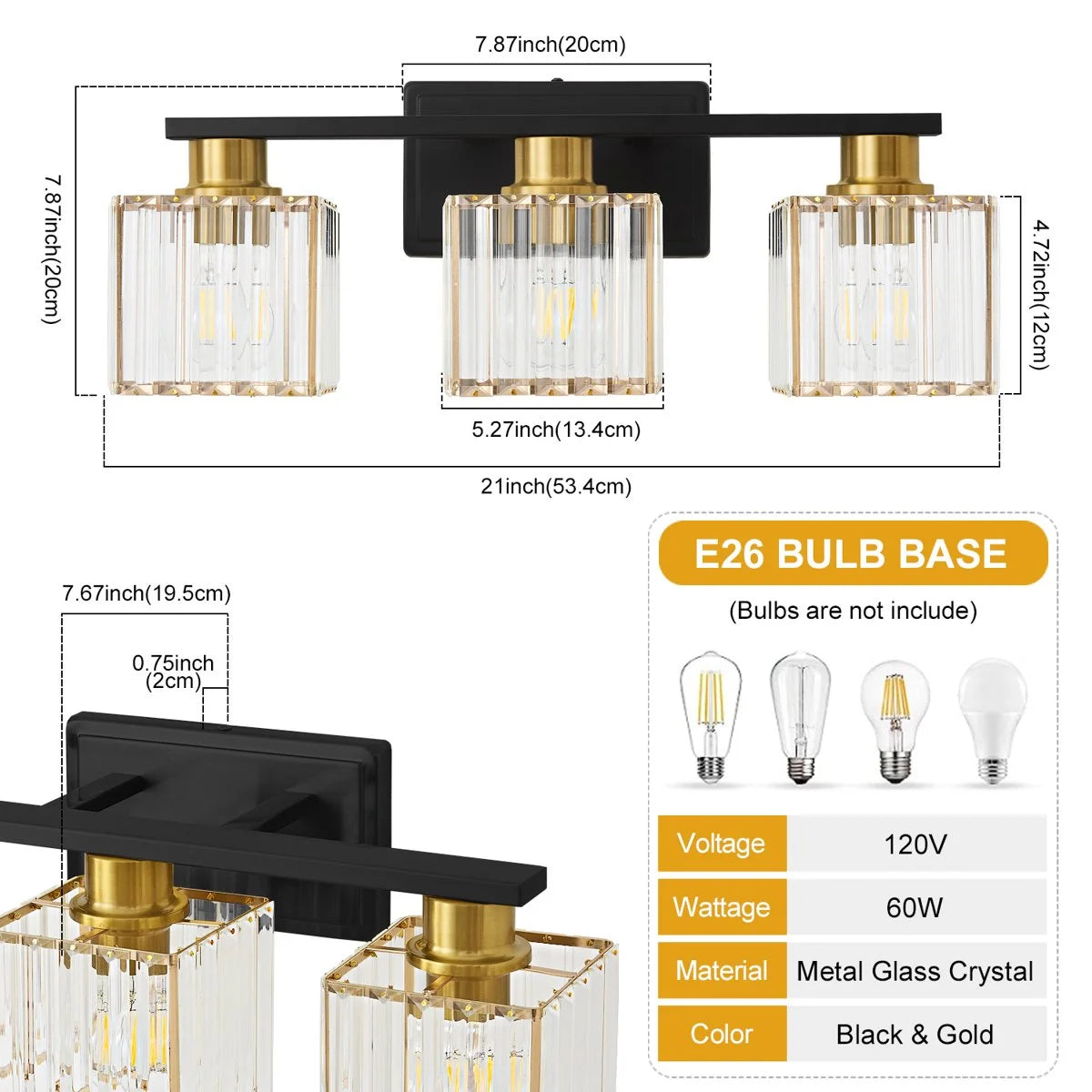 Deyidn Modern Bathroom Vanity Light 3-Lights Modern Black Gold Brushed Brass Finish Crystal Bathroom Wall Light Bathroom Vanity Light Fixtures