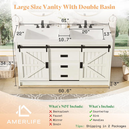 Merluxy 61" Farmhouse Double Bathroom Vanity with Sink Combo, Dual Basin Bathroom Storage Cabinet, Large Double Bath Vanity Sink Set, Rustic White