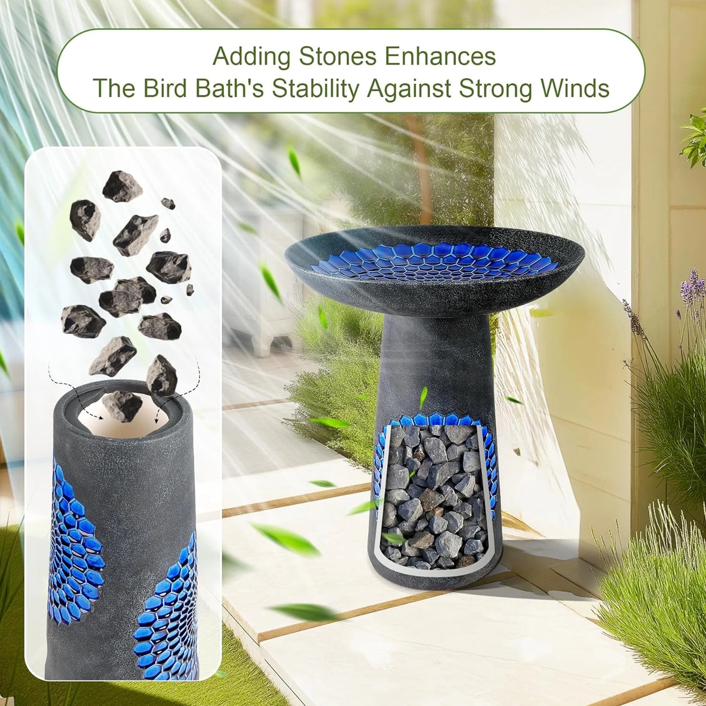 BUYMAX Tall Ceramic Bird Bath for Garden, UV-Resistant, Diamond Blue Grey