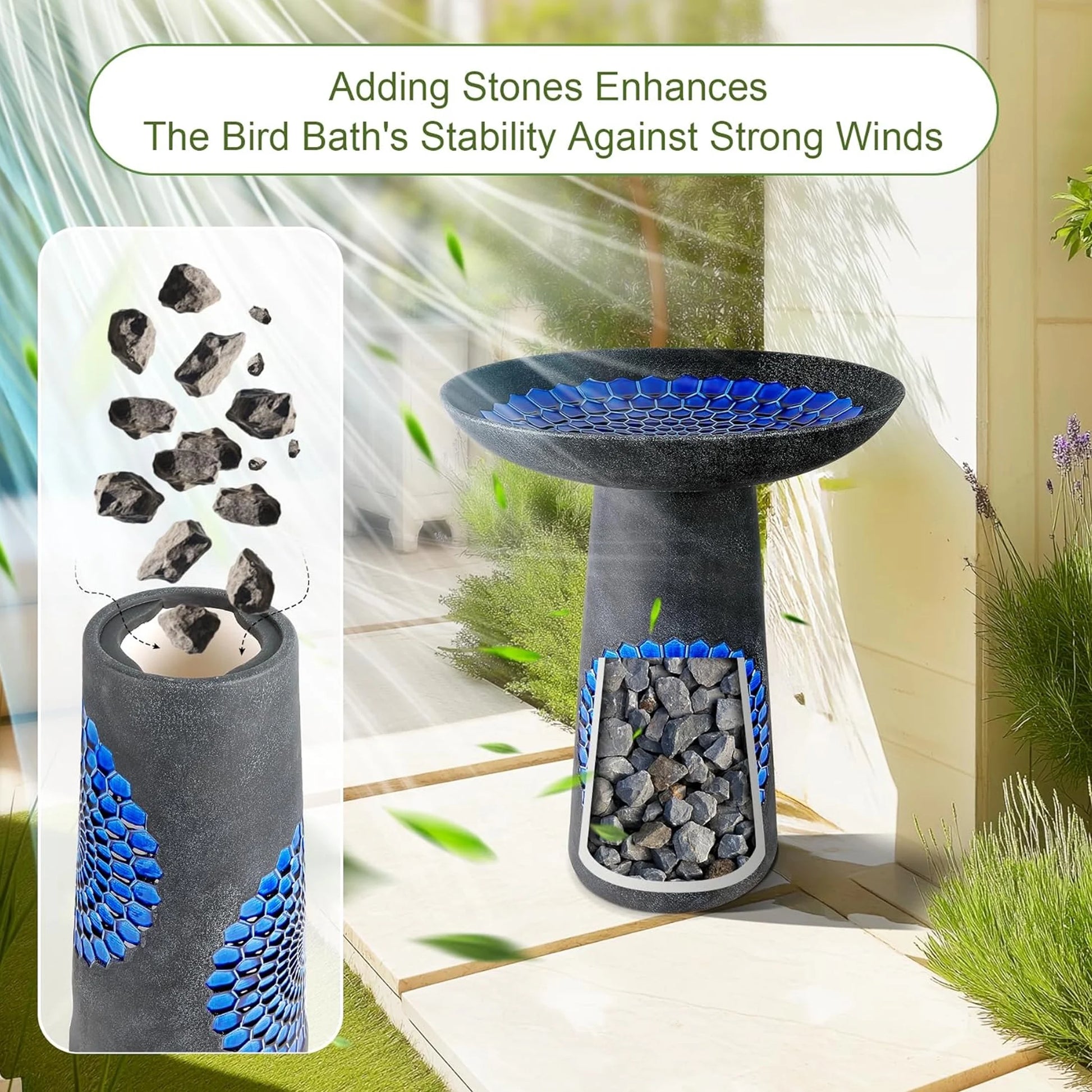 BUYMAX Tall Ceramic Bird Bath for Garden, UV-Resistant, Diamond Blue Grey