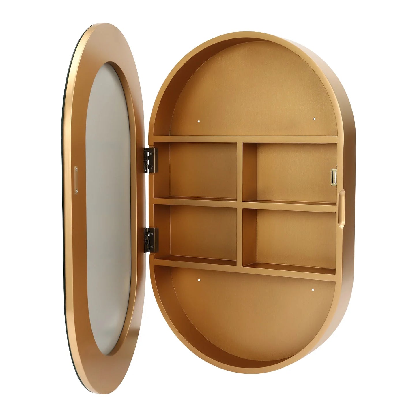 Gold Mirror Cabinet Oval Bathroom Wall-Mounted Mirror Cabinet Wood Storage Cabinet Mirror Surface W/Hide Shelves for Bathroom Toilet Balconies (19.76 * 30.82 * 4.05in)