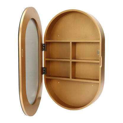Gold Mirror Cabinet Oval Bathroom Wall-Mounted Mirror Cabinet Wood Storage Cabinet Mirror Surface W/Hide Shelves for Bathroom Toilet Balconies (19.76 * 30.82 * 4.05in)