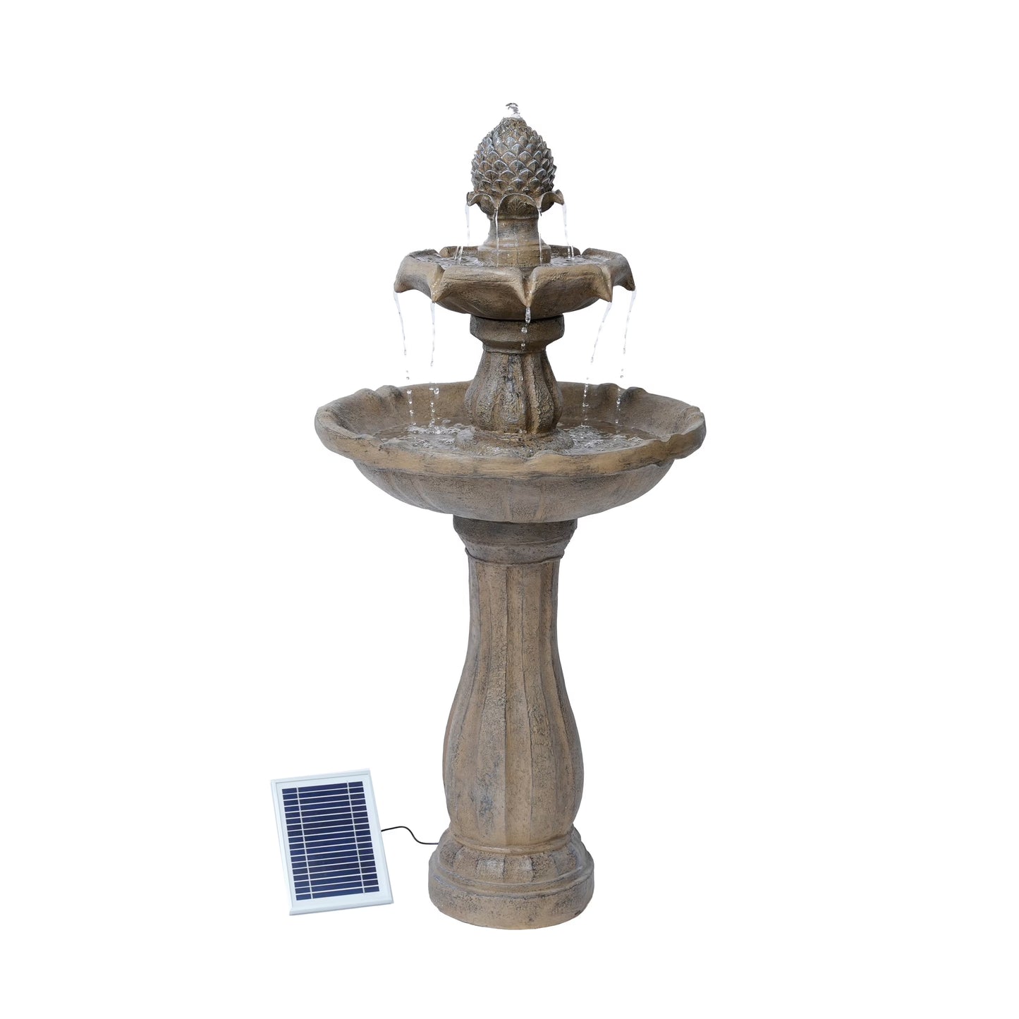XBrand 44" H White Fiberglass/Resin 2-Tier Solar Water Fountain w/ Solar Panel and Auto-Shut Off Pump, Solar Garden Fountain, Tall Outdoor Fountain, Two Tiered Birdbath Fountain