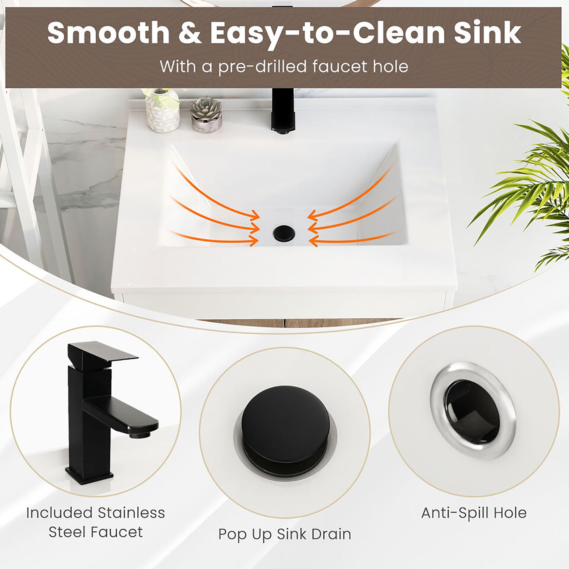 Gymax 25'' Bathroom Vanity Sink Combo w/ Doors Open Shelf Backsplash Faucet Pop Up Drain